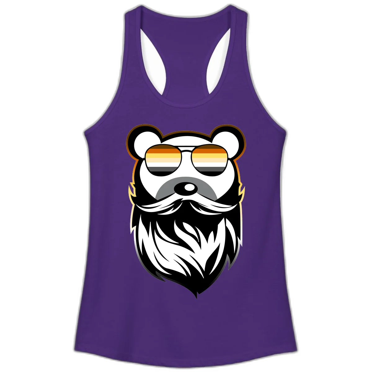 Bear pride sunglasses illustration: a bearded bear character wearing oversized shades filled with pride flag rainbow stripes in Solid Purple Rush