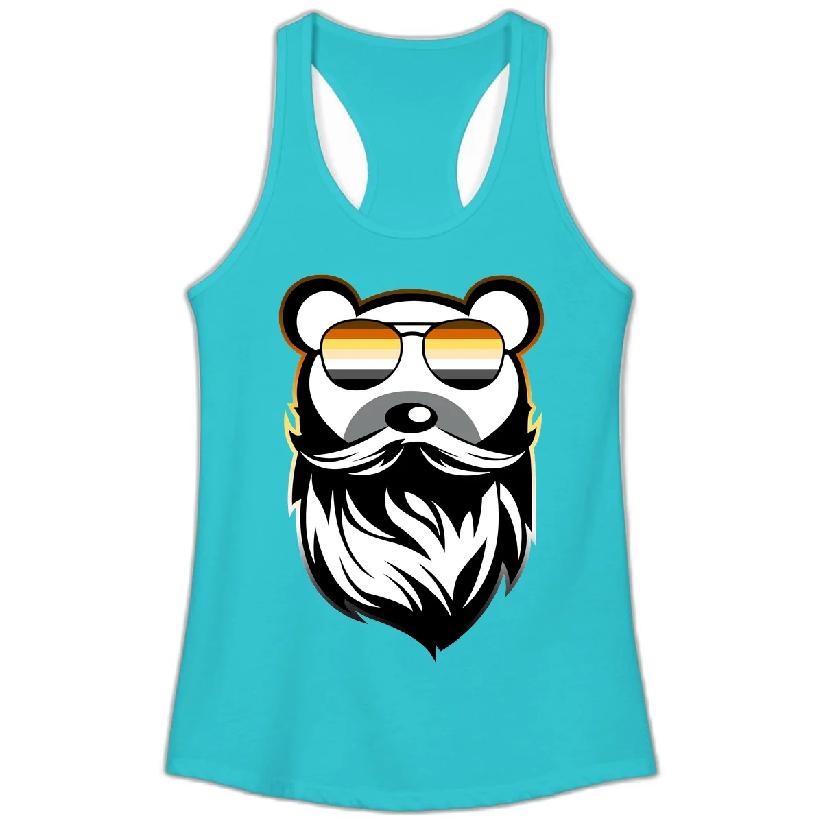 Bear pride sunglasses illustration: a bearded bear character wearing oversized shades filled with pride flag rainbow stripes in Solid Tahiti Blue