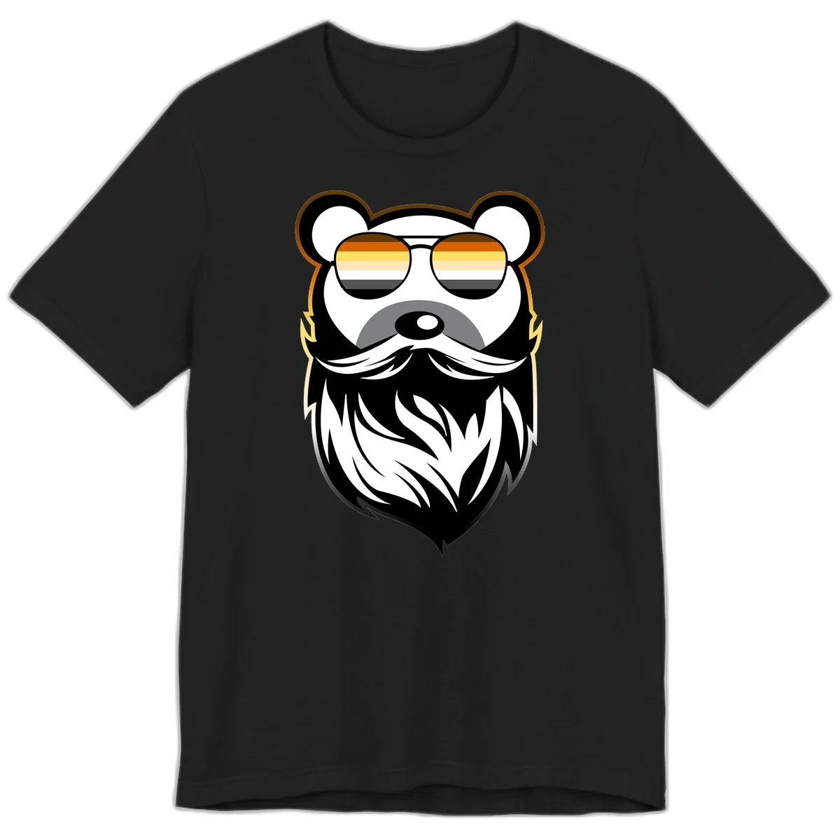 Bear pride sunglasses illustration: a bearded bear character wearing oversized shades filled with pride flag rainbow stripes in Black