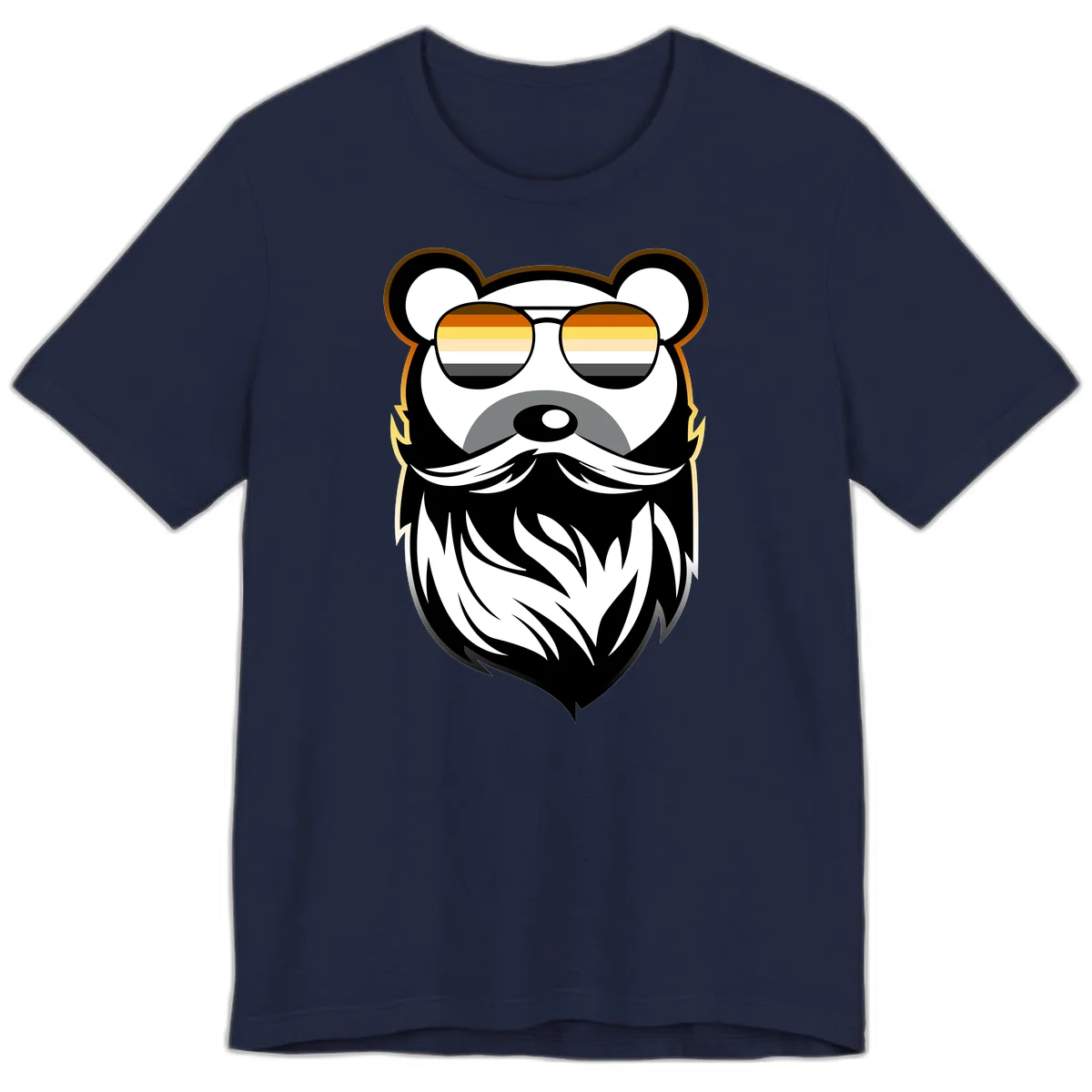 Bear pride sunglasses illustration: a bearded bear character wearing oversized shades filled with pride flag rainbow stripes in Navy