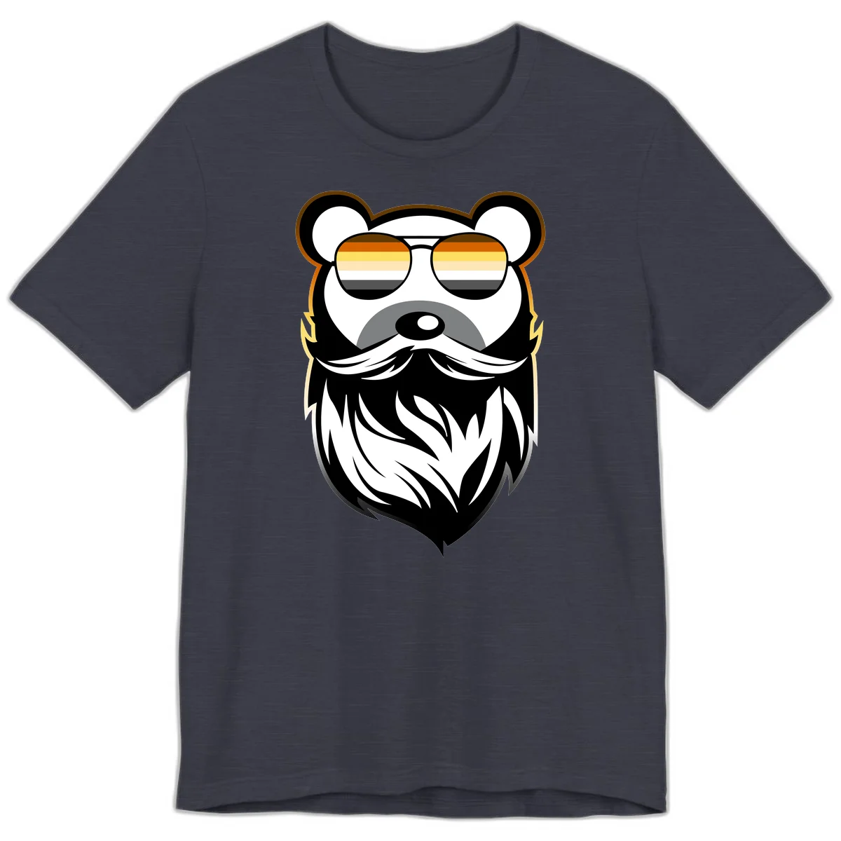 Bear pride sunglasses illustration: a bearded bear character wearing oversized shades filled with pride flag rainbow stripes in Heather Midnight Navy