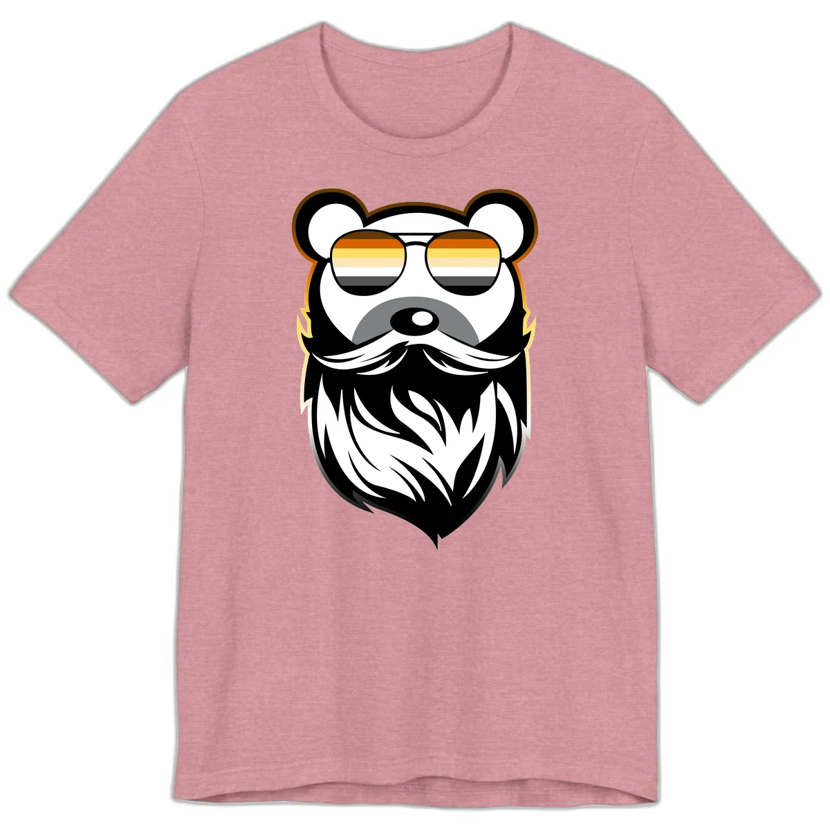 Bear pride sunglasses illustration: a bearded bear character wearing oversized shades filled with pride flag rainbow stripes in Heather Orchid
