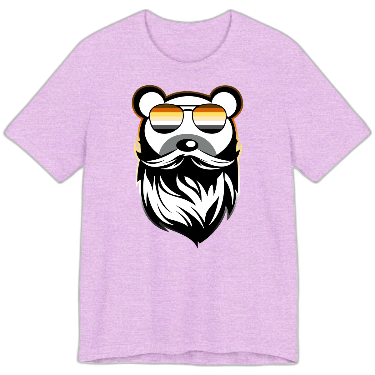 Bear pride sunglasses illustration: a bearded bear character wearing oversized shades filled with pride flag rainbow stripes in Heather Prism Lilac