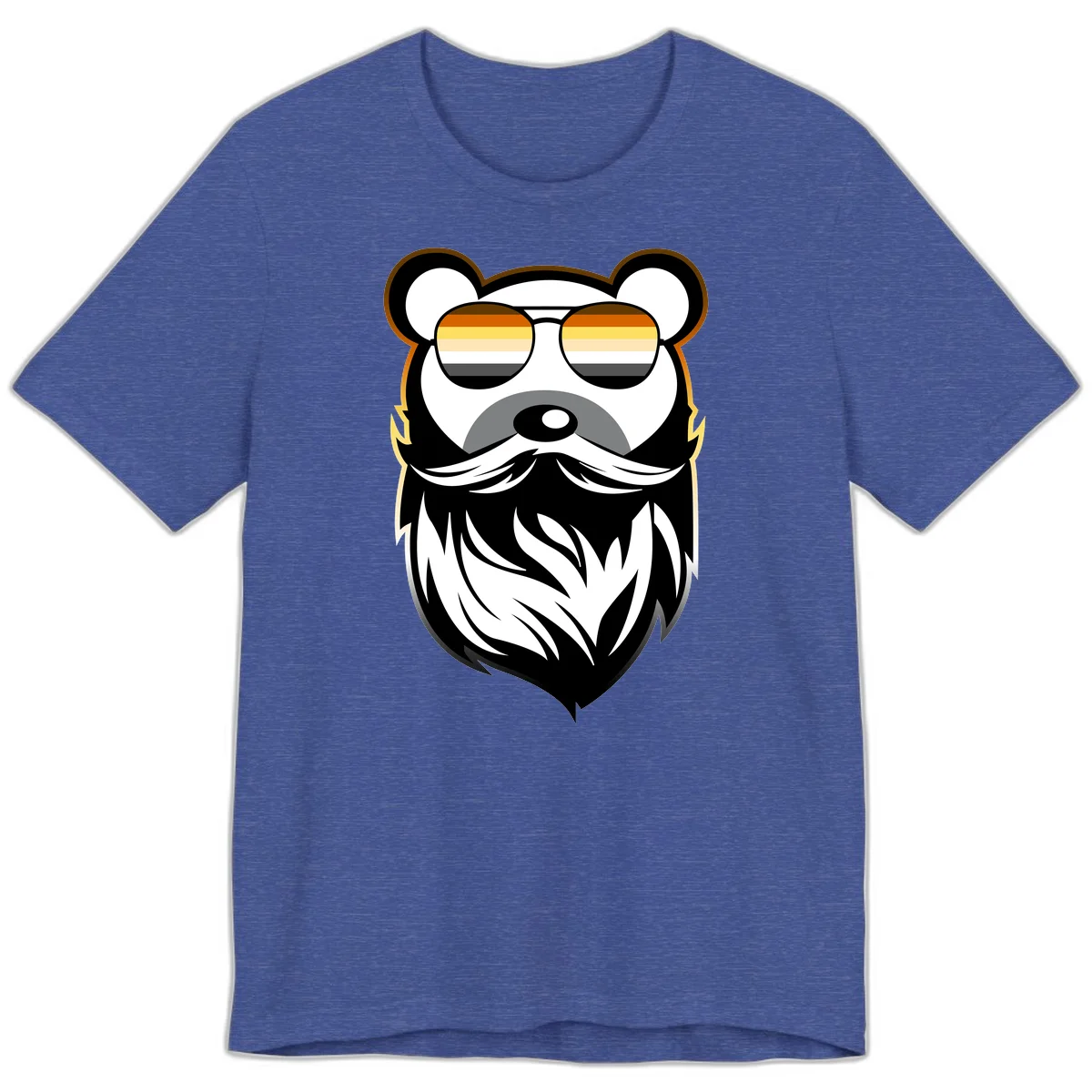 Bear pride sunglasses illustration: a bearded bear character wearing oversized shades filled with pride flag rainbow stripes in Heather True Royal
