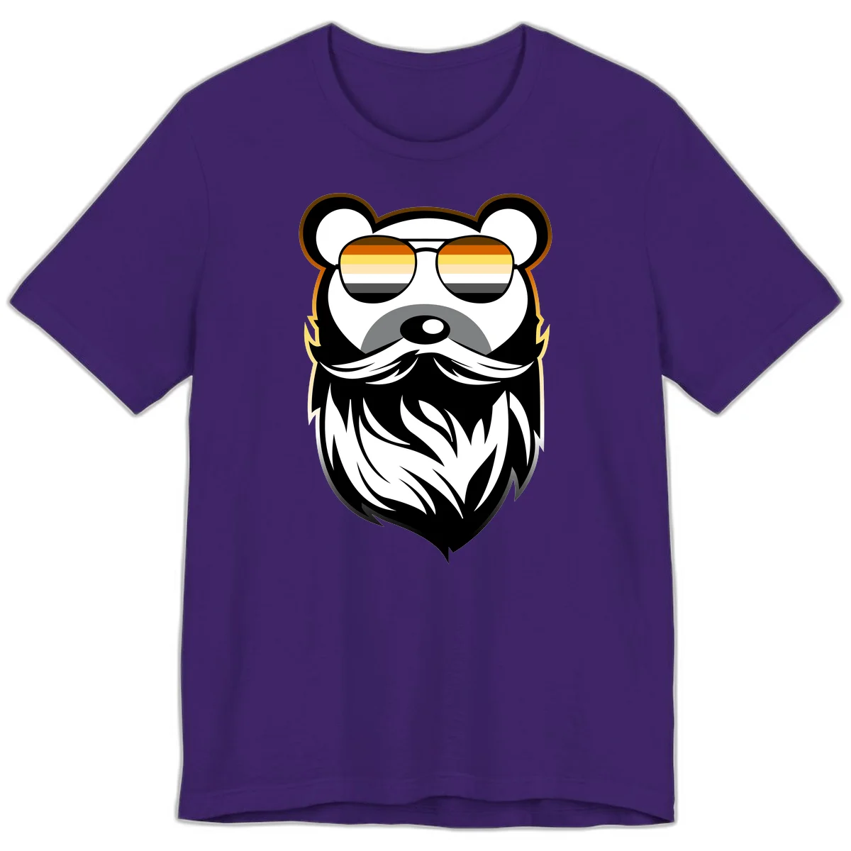 Bear pride sunglasses illustration: a bearded bear character wearing oversized shades filled with pride flag rainbow stripes in Team Purple