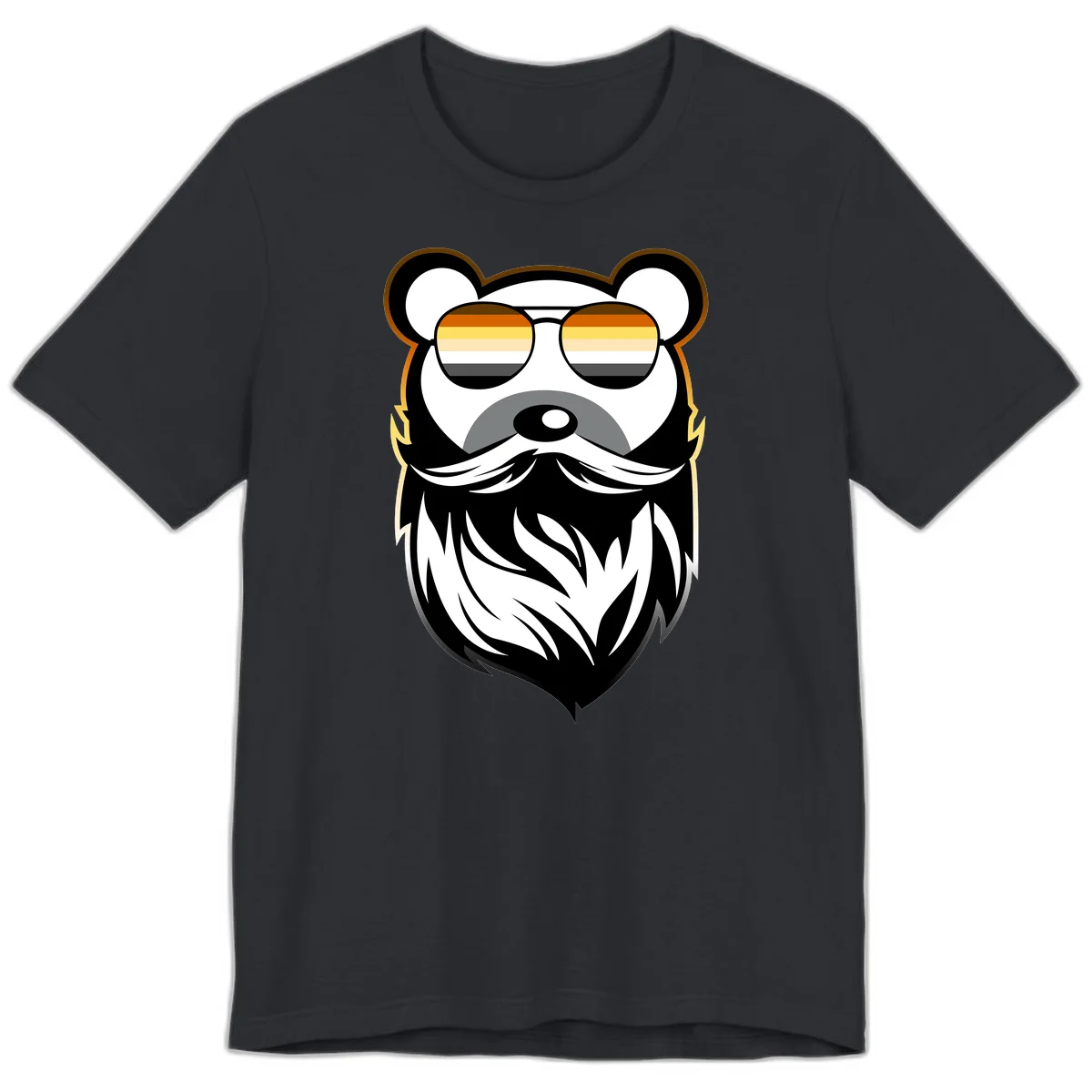 Bear pride sunglasses illustration: a bearded bear character wearing oversized shades filled with pride flag rainbow stripes in Vintage Black