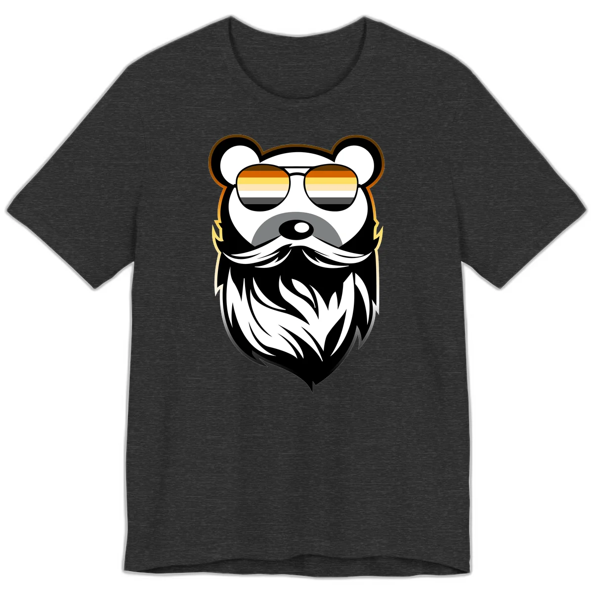 Bear pride sunglasses illustration: a bearded bear character wearing oversized shades filled with pride flag rainbow stripes in Dark Grey Heather
