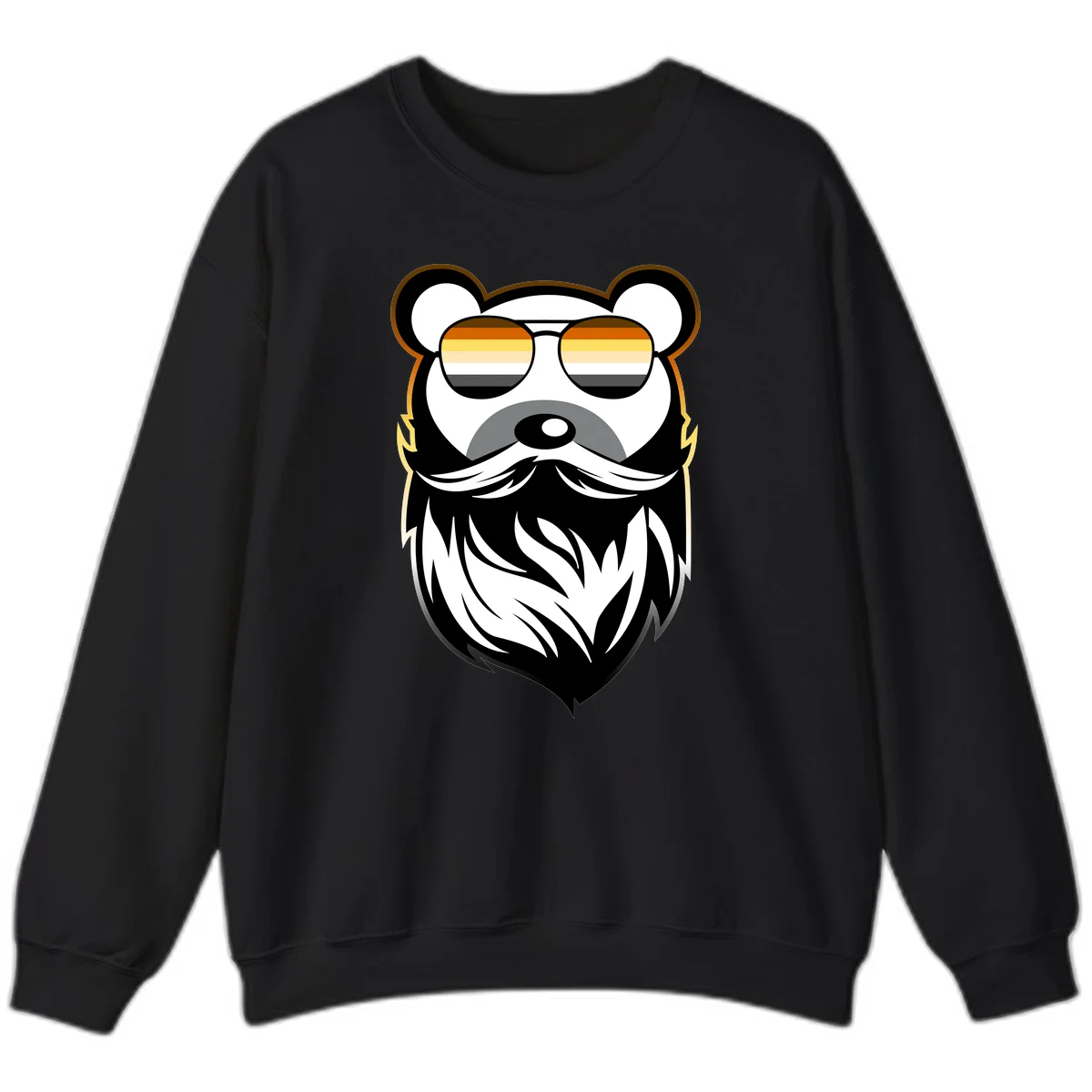 Bear pride sunglasses illustration: a bearded bear character wearing oversized shades filled with pride flag rainbow stripes in Black