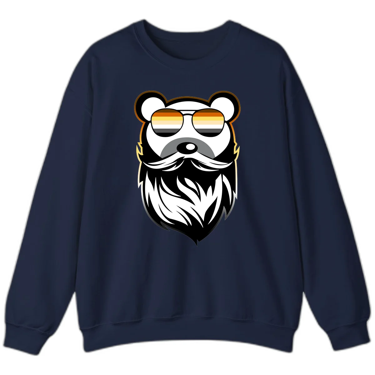 Bear pride sunglasses illustration: a bearded bear character wearing oversized shades filled with pride flag rainbow stripes in Navy
