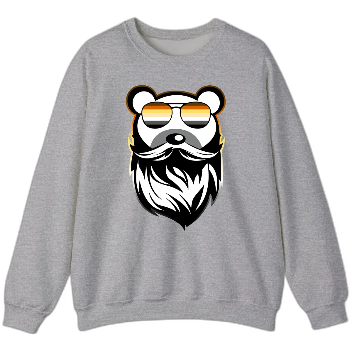 Bear pride sunglasses illustration: a bearded bear character wearing oversized shades filled with pride flag rainbow stripes in Sport Grey