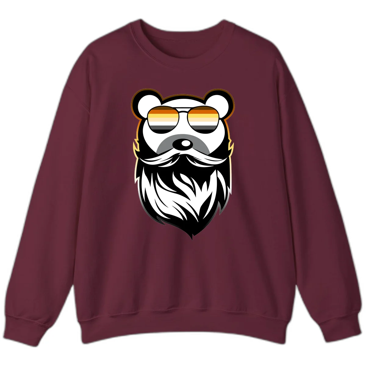 Bear pride sunglasses illustration: a bearded bear character wearing oversized shades filled with pride flag rainbow stripes in Maroon