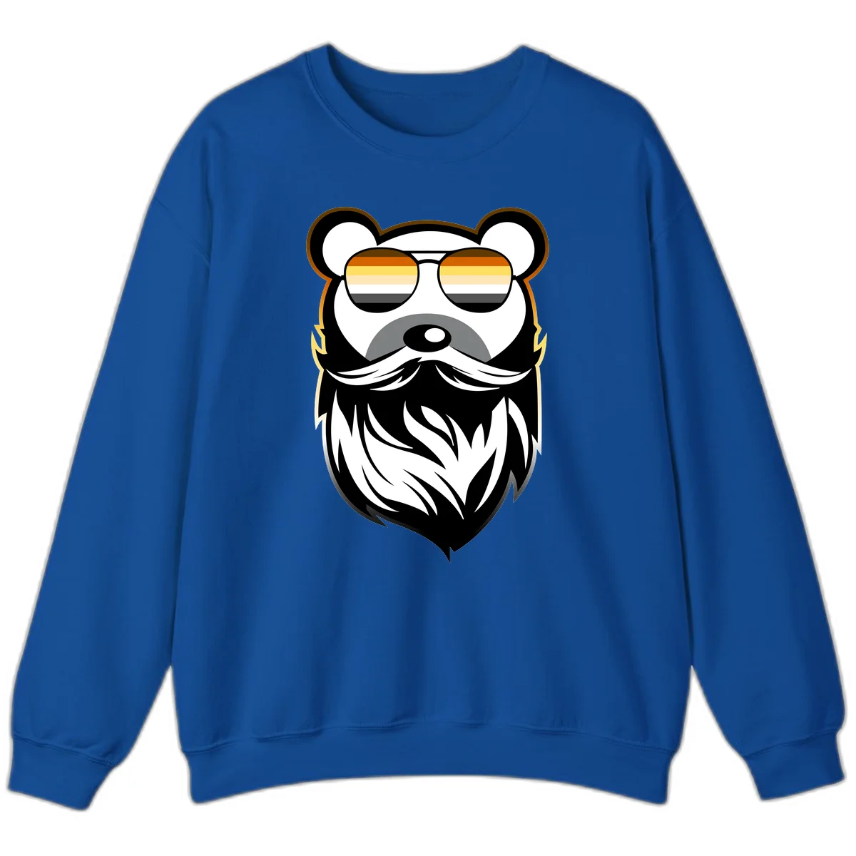 Bear pride sunglasses illustration: a bearded bear character wearing oversized shades filled with pride flag rainbow stripes in Royal