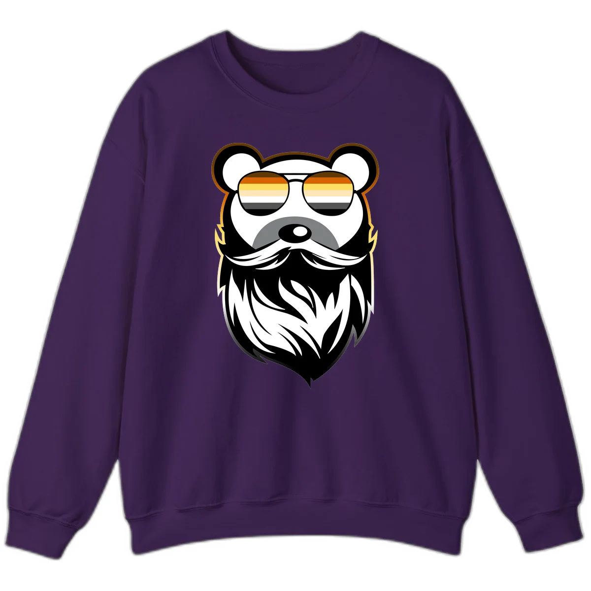 Bear pride sunglasses illustration: a bearded bear character wearing oversized shades filled with pride flag rainbow stripes in Purple