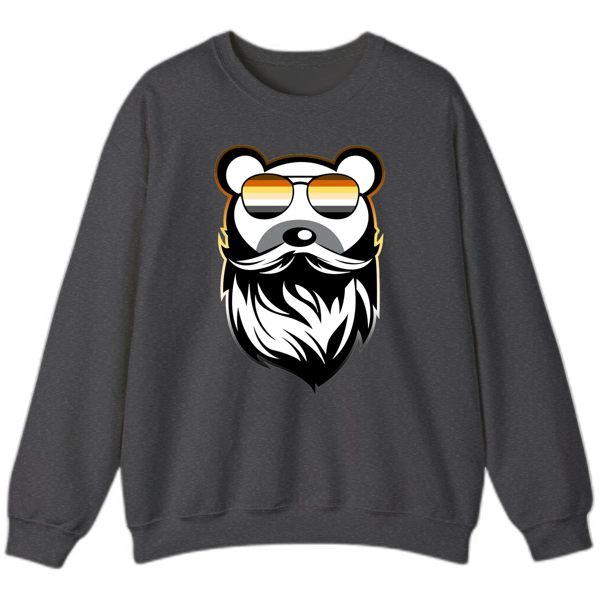 Bear pride sunglasses illustration: a bearded bear character wearing oversized shades filled with pride flag rainbow stripes in Dark Heather