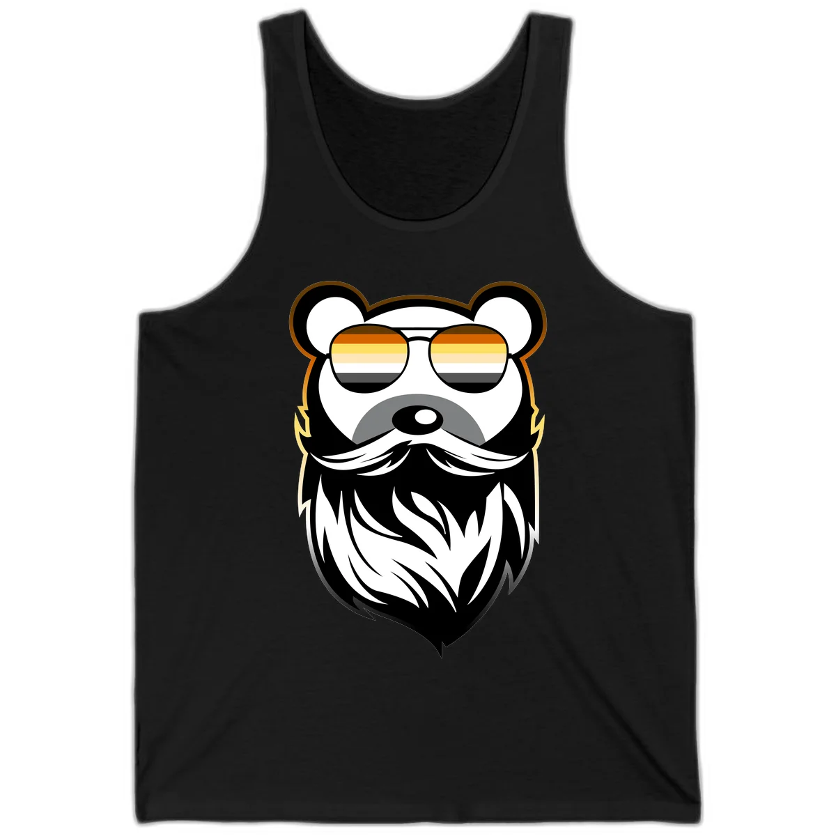 Bear pride sunglasses illustration: a bearded bear character wearing oversized shades filled with pride flag rainbow stripes in Black
