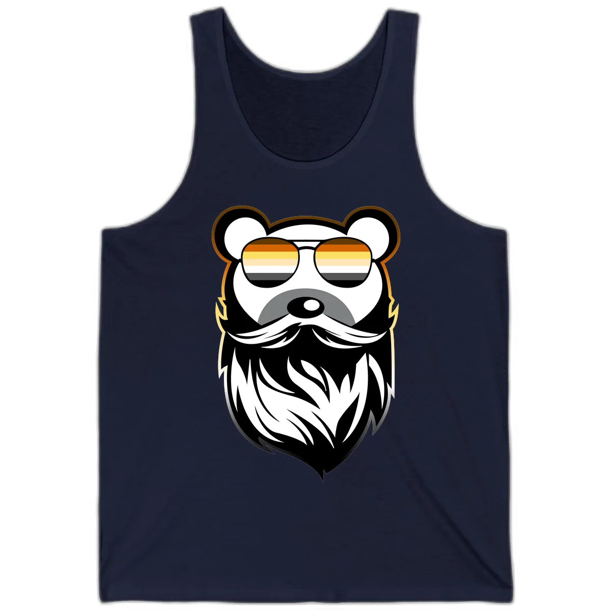 Bear pride sunglasses illustration: a bearded bear character wearing oversized shades filled with pride flag rainbow stripes in Navy