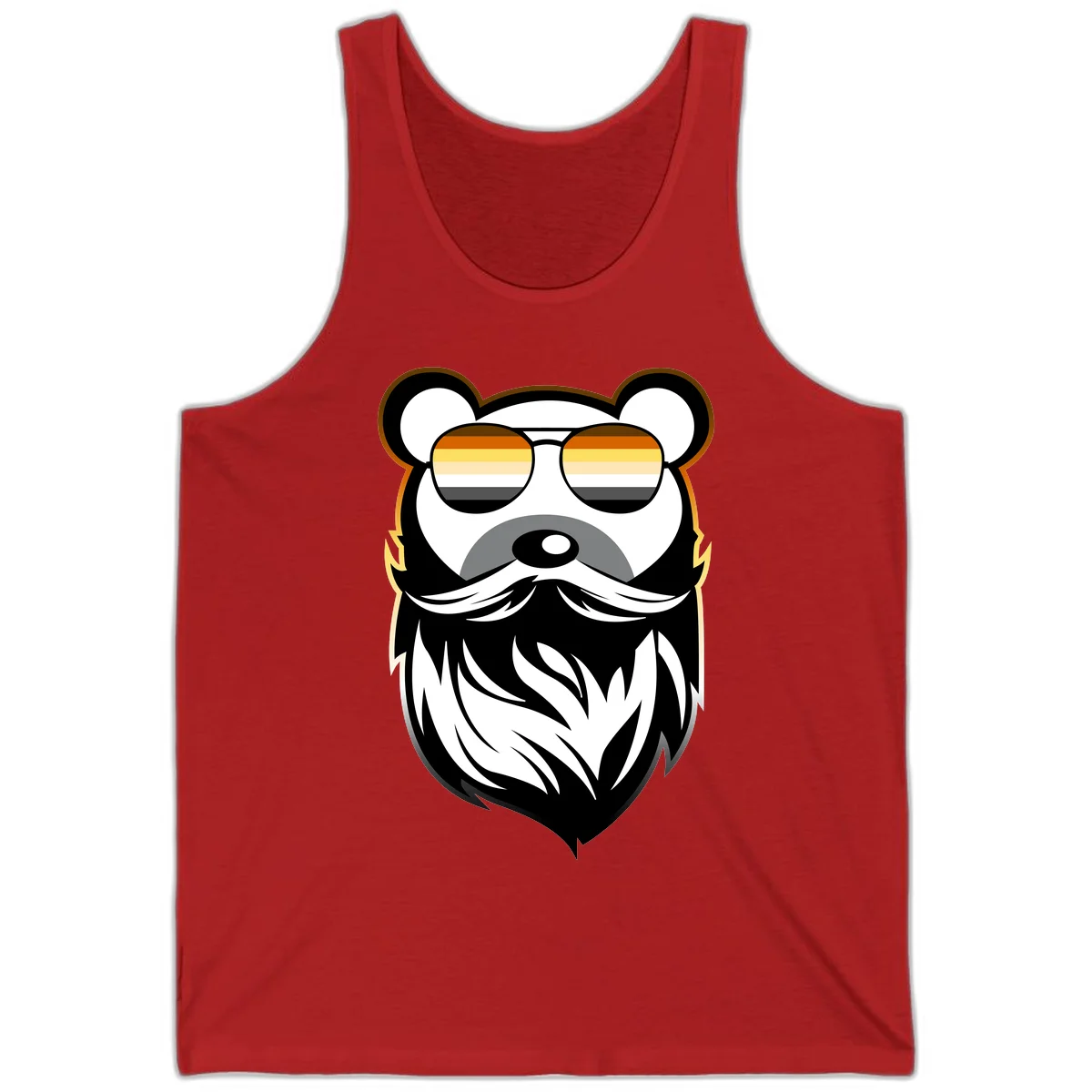Bear pride sunglasses illustration: a bearded bear character wearing oversized shades filled with pride flag rainbow stripes in Red