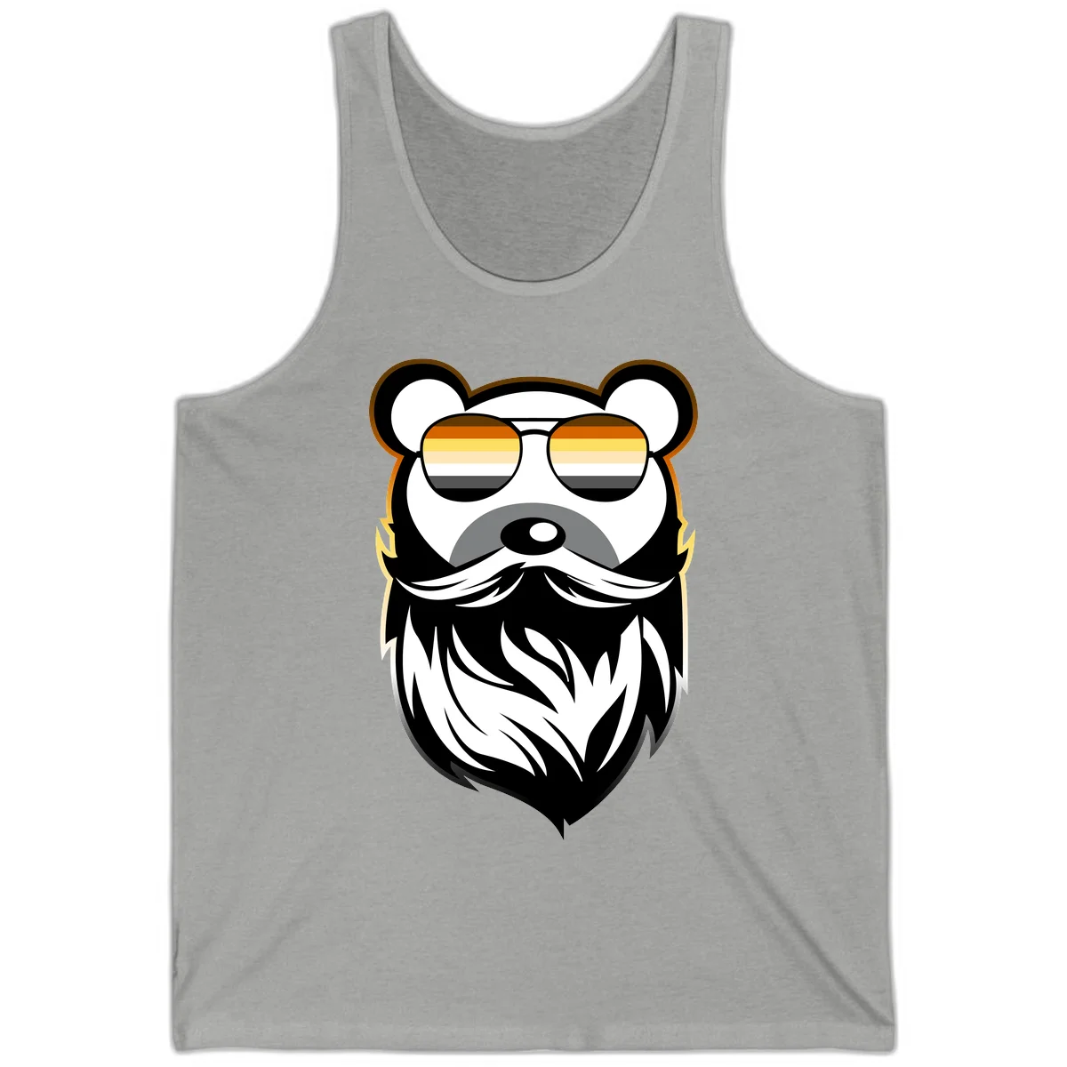 Bear pride sunglasses illustration: a bearded bear character wearing oversized shades filled with pride flag rainbow stripes in Athletic Heather