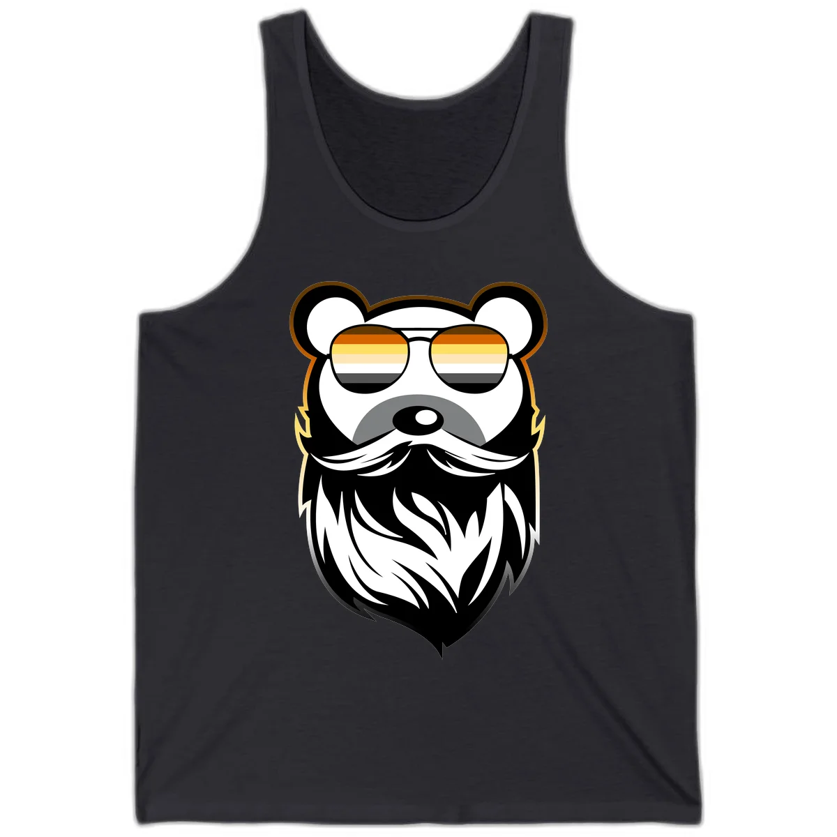 Bear pride sunglasses illustration: a bearded bear character wearing oversized shades filled with pride flag rainbow stripes in Dark Grey