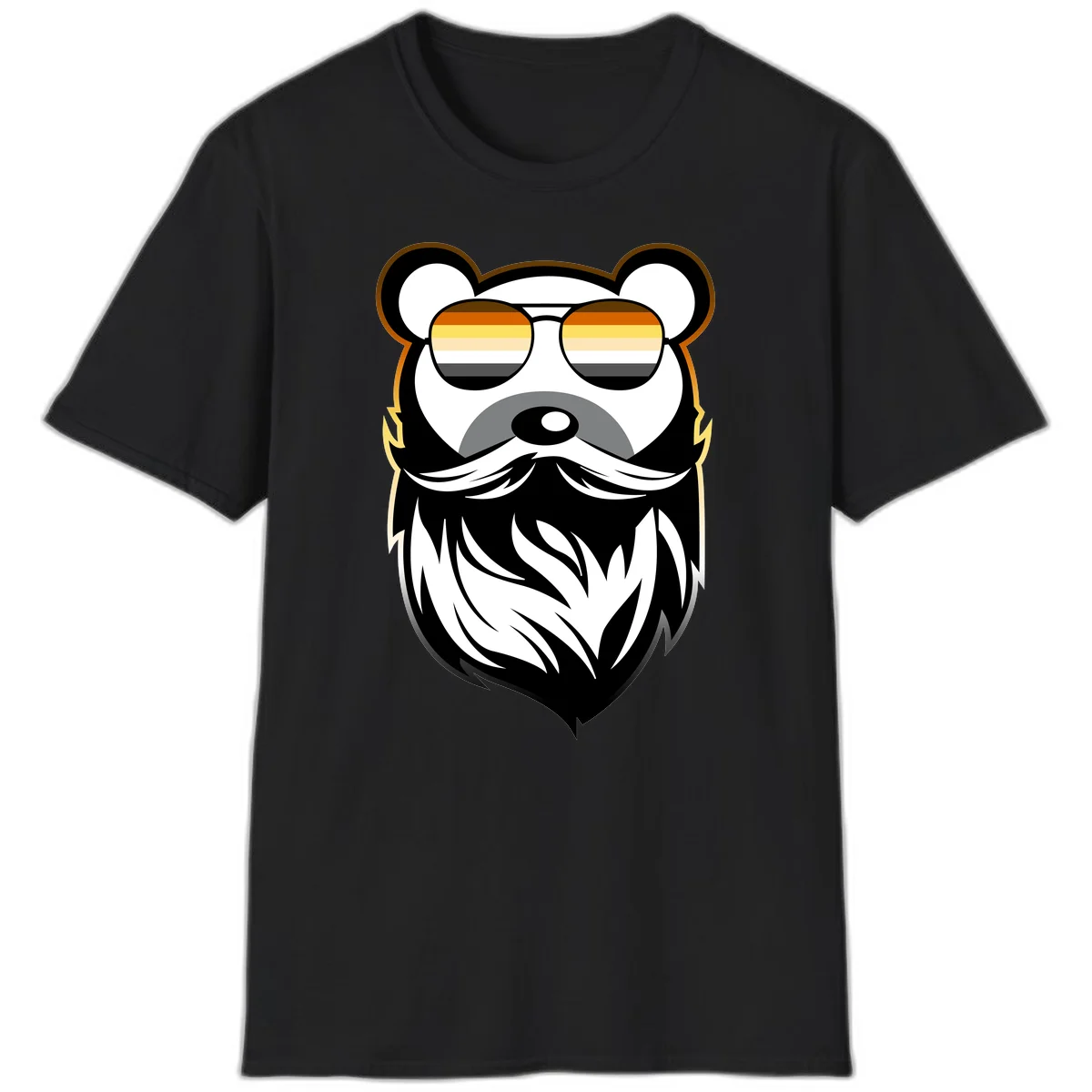 Bear pride sunglasses illustration: a bearded bear character wearing oversized shades filled with pride flag rainbow stripes in Black