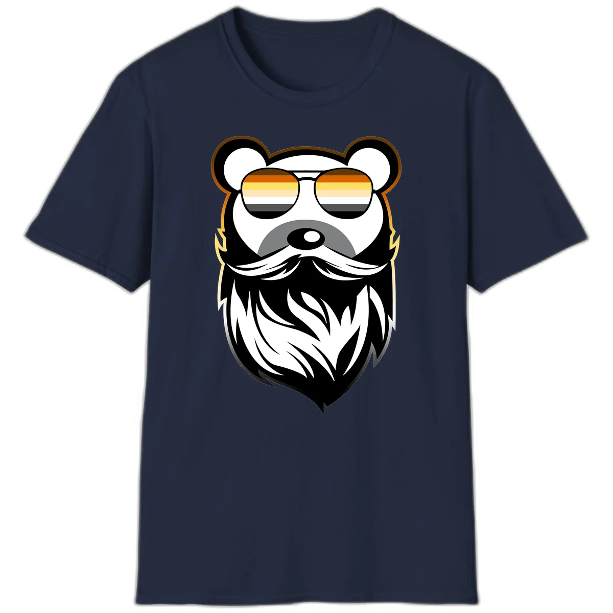 Bear pride sunglasses illustration: a bearded bear character wearing oversized shades filled with pride flag rainbow stripes in Navy