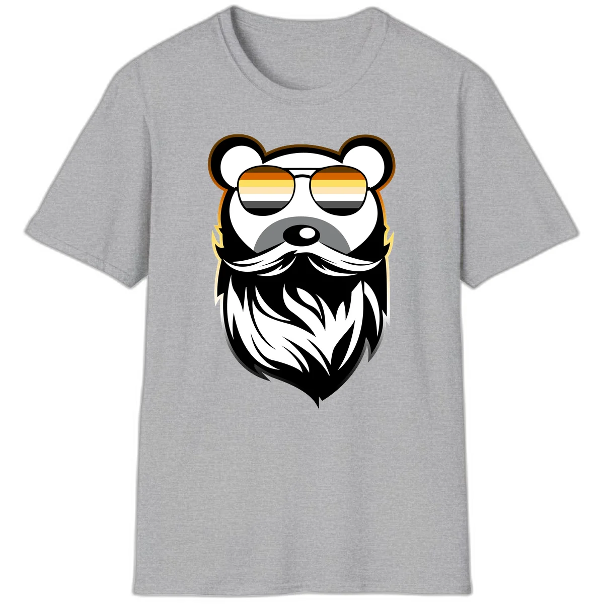 Bear pride sunglasses illustration: a bearded bear character wearing oversized shades filled with pride flag rainbow stripes in Sport Grey