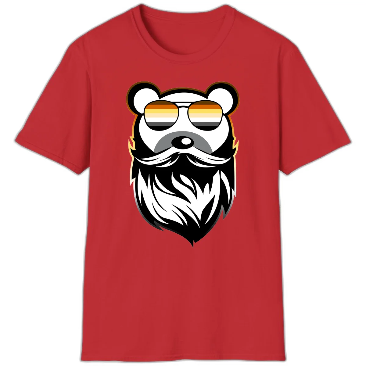 Bear pride sunglasses illustration: a bearded bear character wearing oversized shades filled with pride flag rainbow stripes in Red