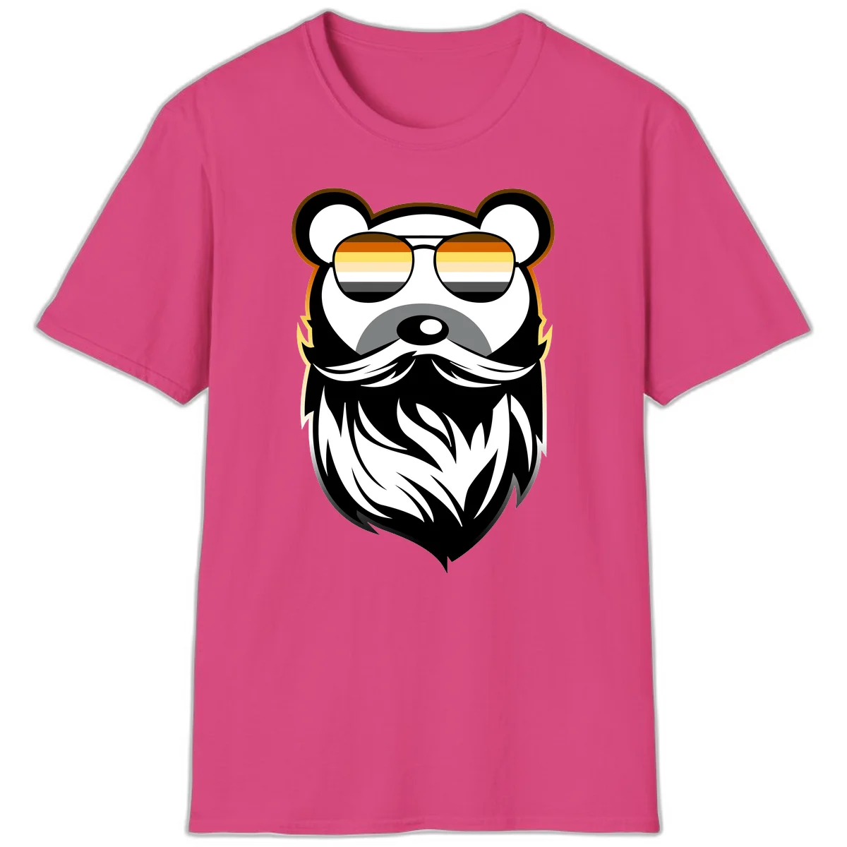 Bear pride sunglasses illustration: a bearded bear character wearing oversized shades filled with pride flag rainbow stripes in Heliconia