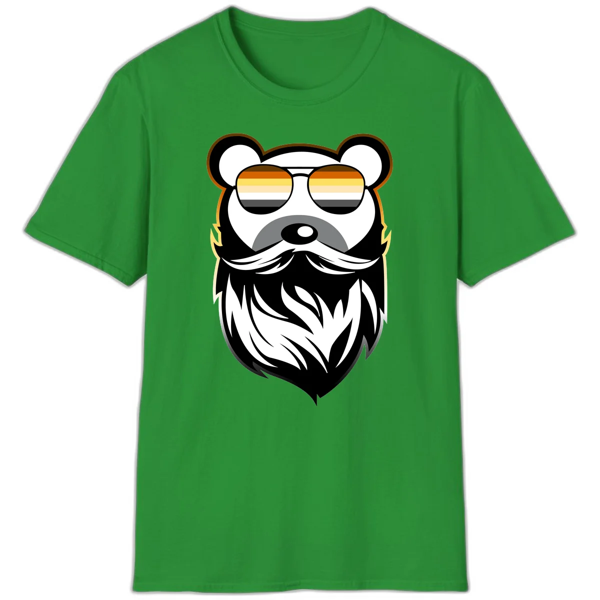 Bear pride sunglasses illustration: a bearded bear character wearing oversized shades filled with pride flag rainbow stripes in Irish Green