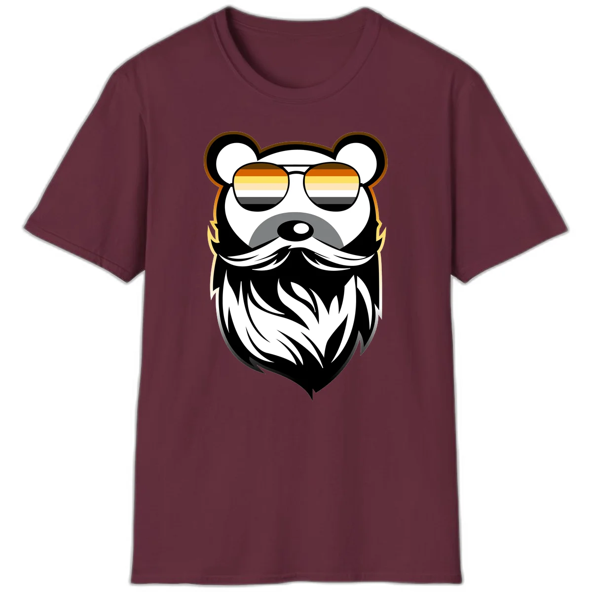 Bear pride sunglasses illustration: a bearded bear character wearing oversized shades filled with pride flag rainbow stripes in Maroon