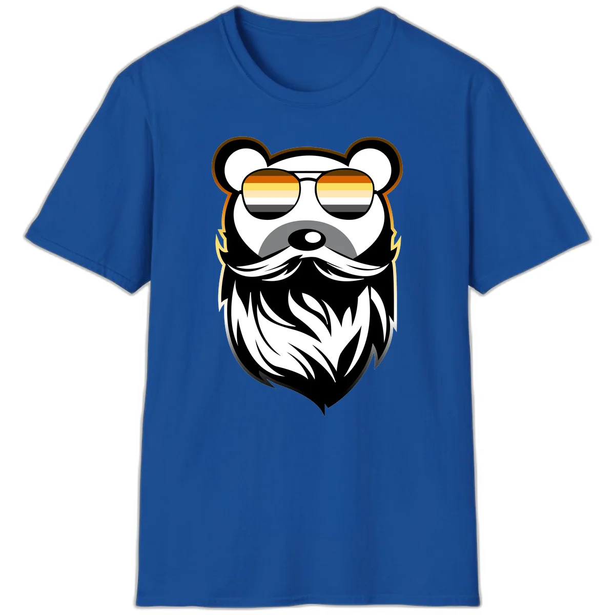 Bear pride sunglasses illustration: a bearded bear character wearing oversized shades filled with pride flag rainbow stripes in Royal