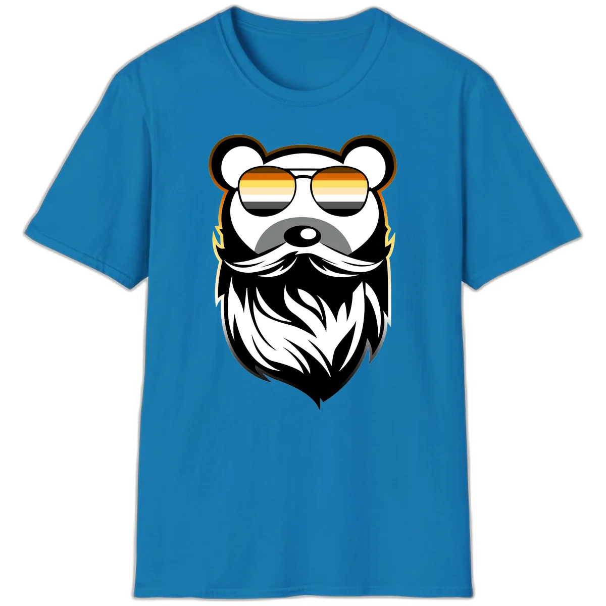 Bear pride sunglasses illustration: a bearded bear character wearing oversized shades filled with pride flag rainbow stripes in Sapphire