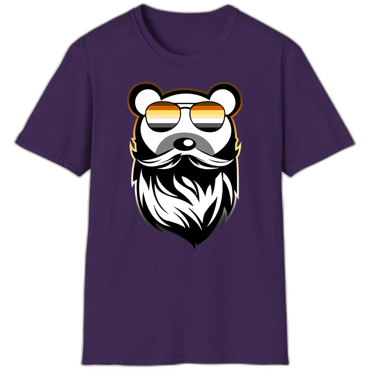 Bear pride sunglasses illustration: a bearded bear character wearing oversized shades filled with pride flag rainbow stripes in Purple