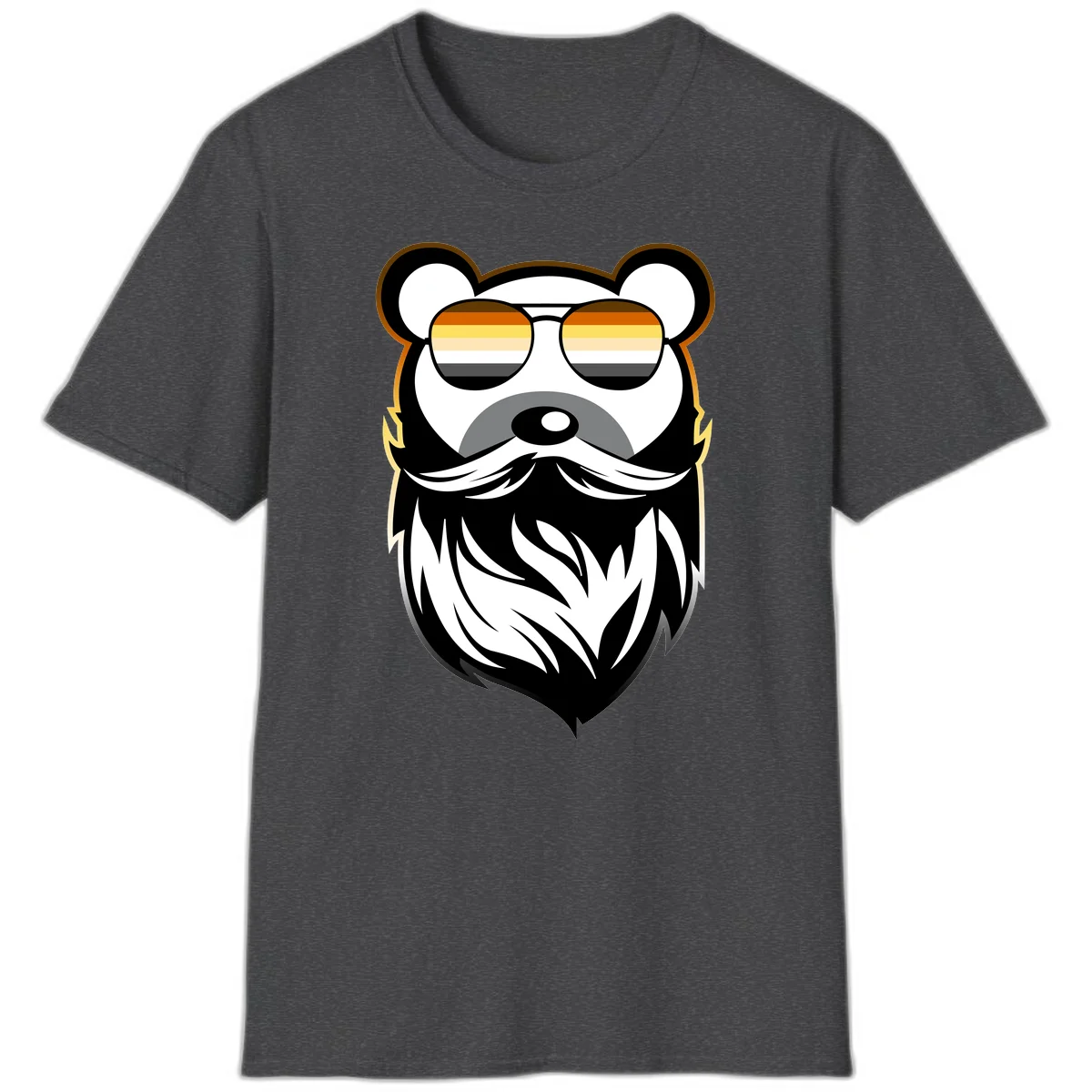 Bear pride sunglasses illustration: a bearded bear character wearing oversized shades filled with pride flag rainbow stripes in Dark Heather