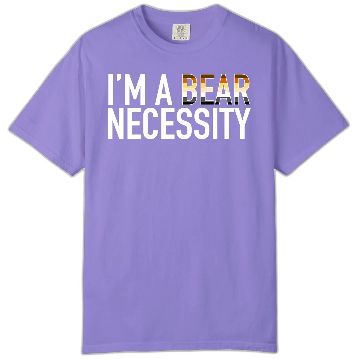 Bold 'I'm A Bear Necessity' text design with gradient bear head silhouette in earth tones and white lettering on gray background in Violet