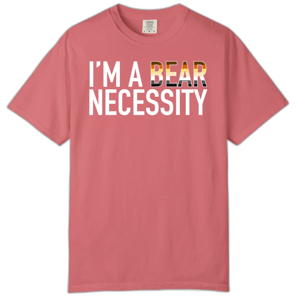 Bold 'I'm A Bear Necessity' text design with gradient bear head silhouette in earth tones and white lettering on gray background in Watermelon