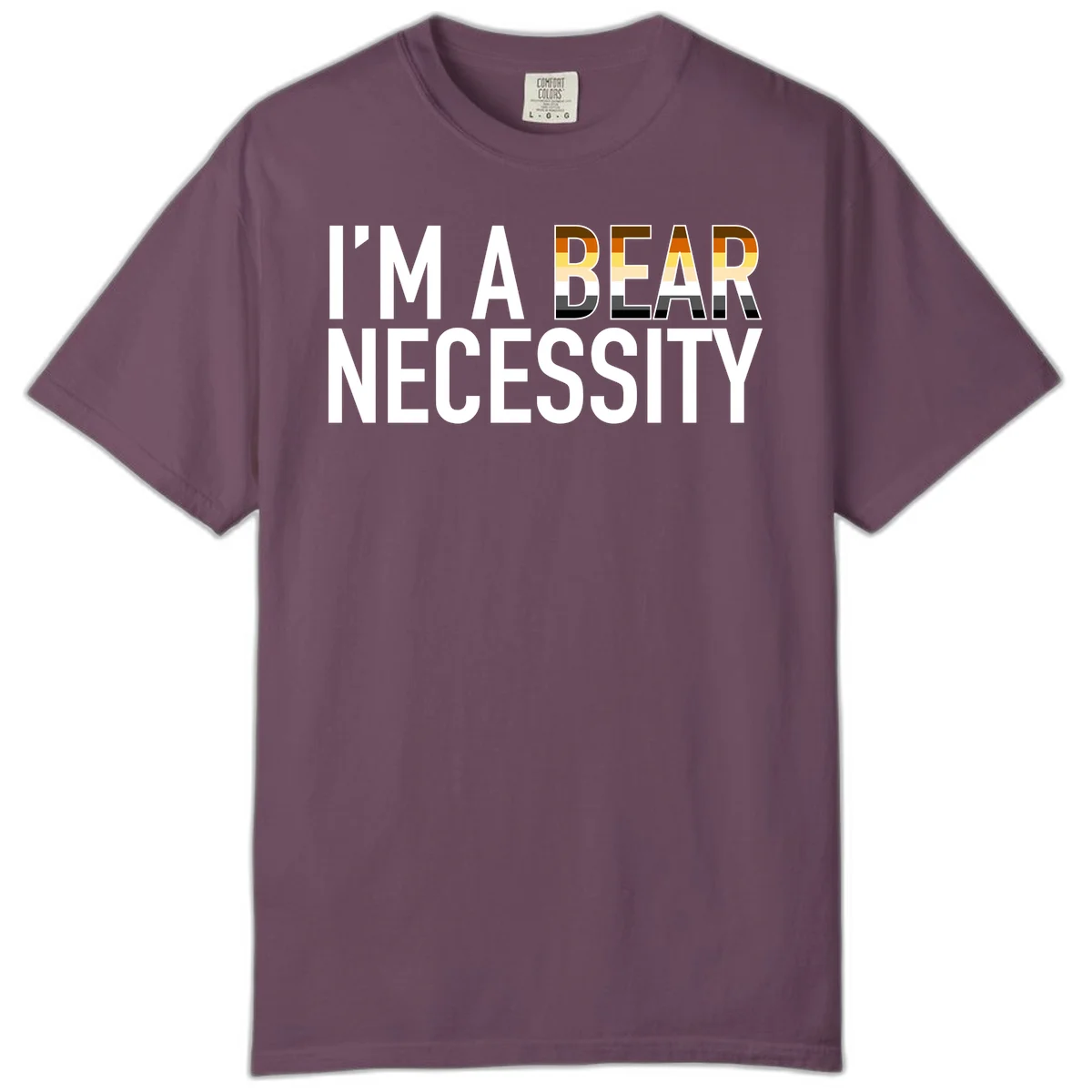 Bold 'I'm A Bear Necessity' text design with gradient bear head silhouette in earth tones and white lettering on gray background in Berry