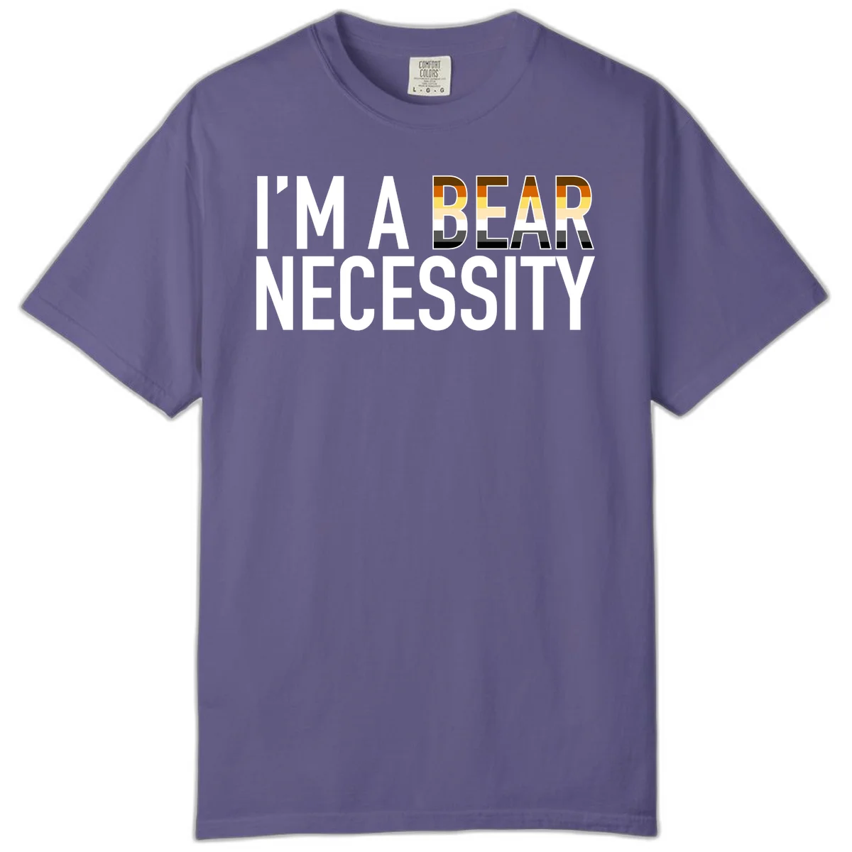 Bold 'I'm A Bear Necessity' text design with gradient bear head silhouette in earth tones and white lettering on gray background in Grape