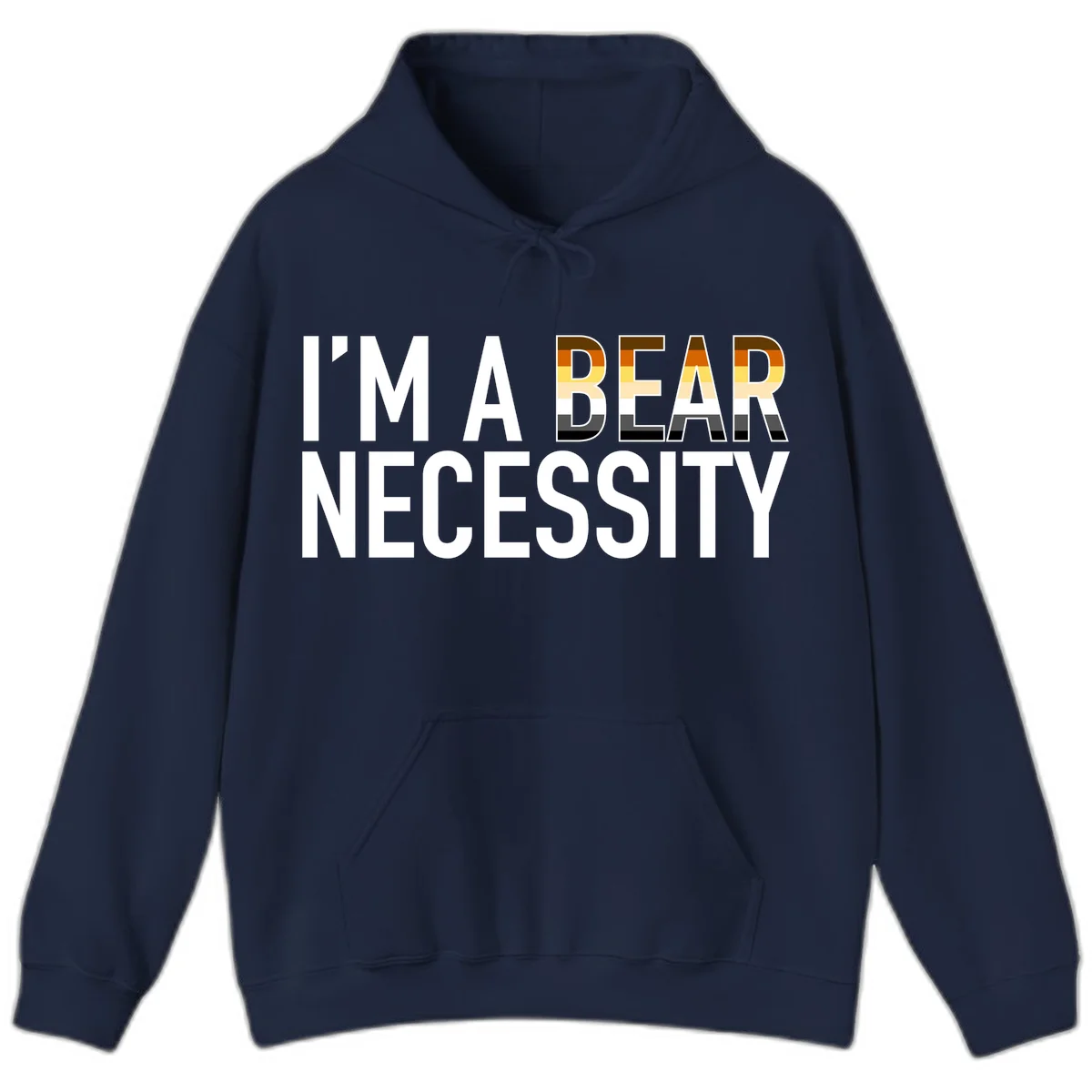 Bold 'I'm A Bear Necessity' text design with gradient bear head silhouette in earth tones and white lettering on gray background in Navy