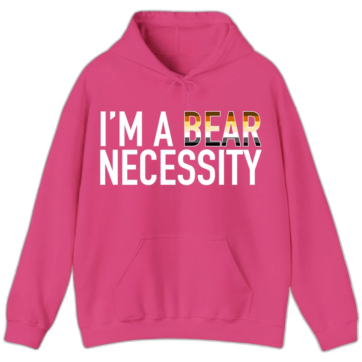 Bold 'I'm A Bear Necessity' text design with gradient bear head silhouette in earth tones and white lettering on gray background in Heliconia