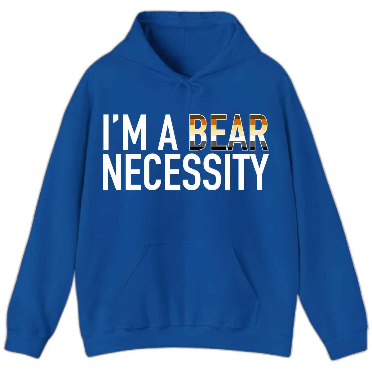 Bold 'I'm A Bear Necessity' text design with gradient bear head silhouette in earth tones and white lettering on gray background in Royal