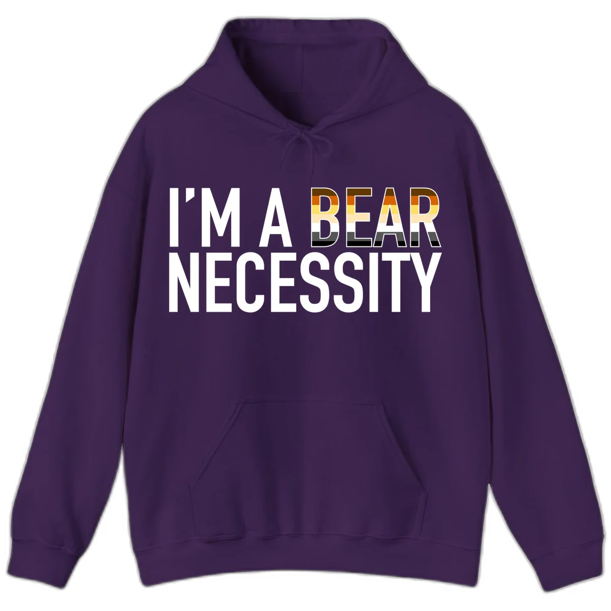 Bold 'I'm A Bear Necessity' text design with gradient bear head silhouette in earth tones and white lettering on gray background in Purple