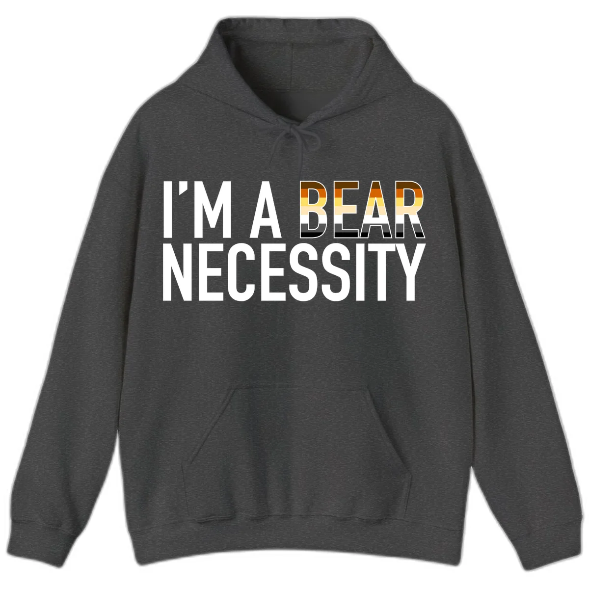 Bold 'I'm A Bear Necessity' text design with gradient bear head silhouette in earth tones and white lettering on gray background in Dark Heather