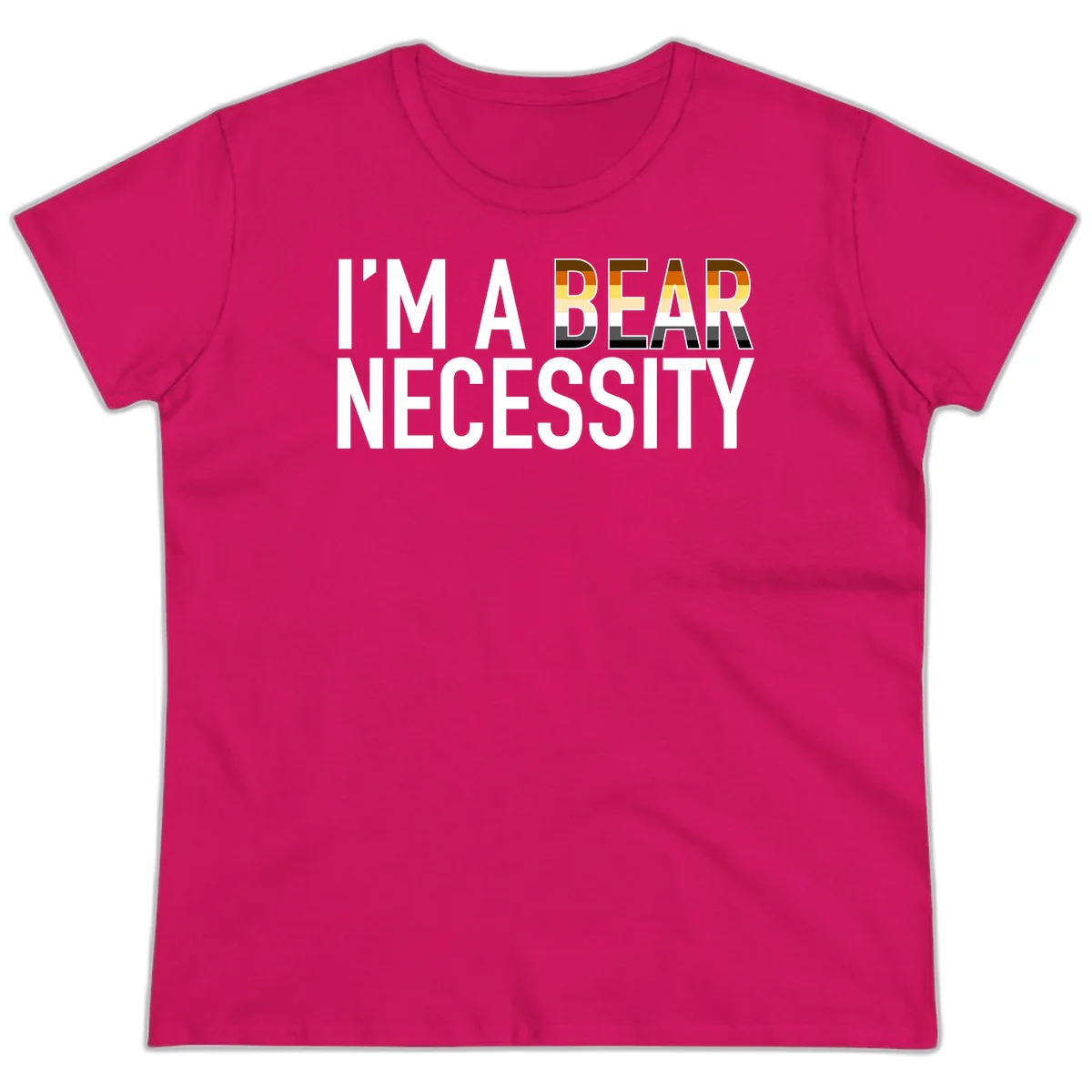 Bold 'I'm A Bear Necessity' text design with gradient bear head silhouette in earth tones and white lettering on gray background in Heliconia