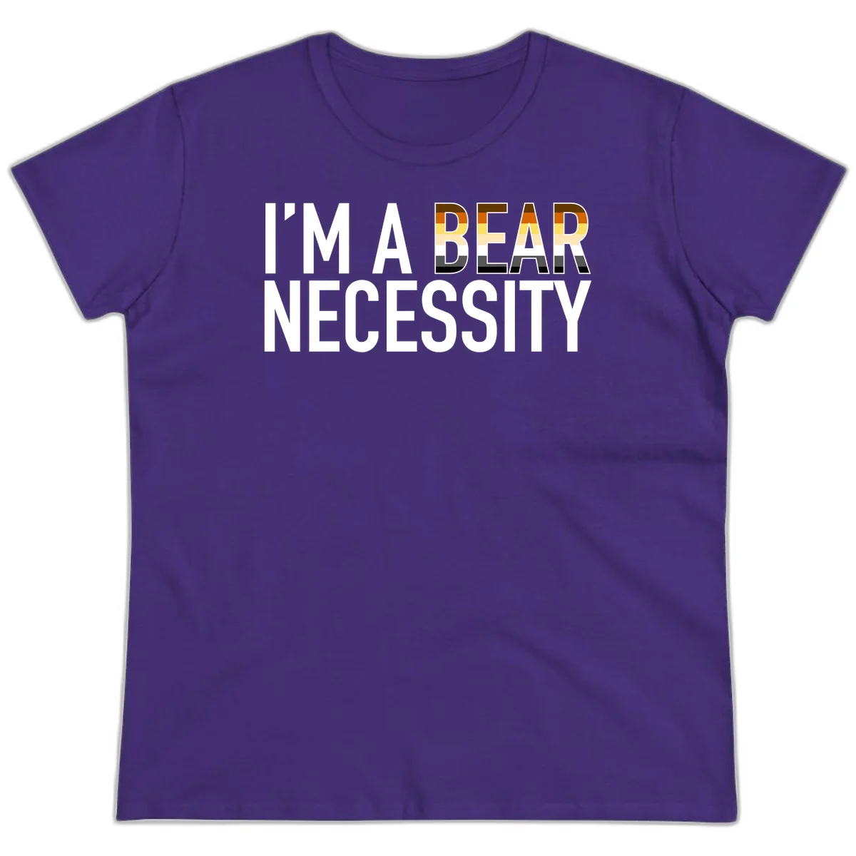 Bold 'I'm A Bear Necessity' text design with gradient bear head silhouette in earth tones and white lettering on gray background in Purple