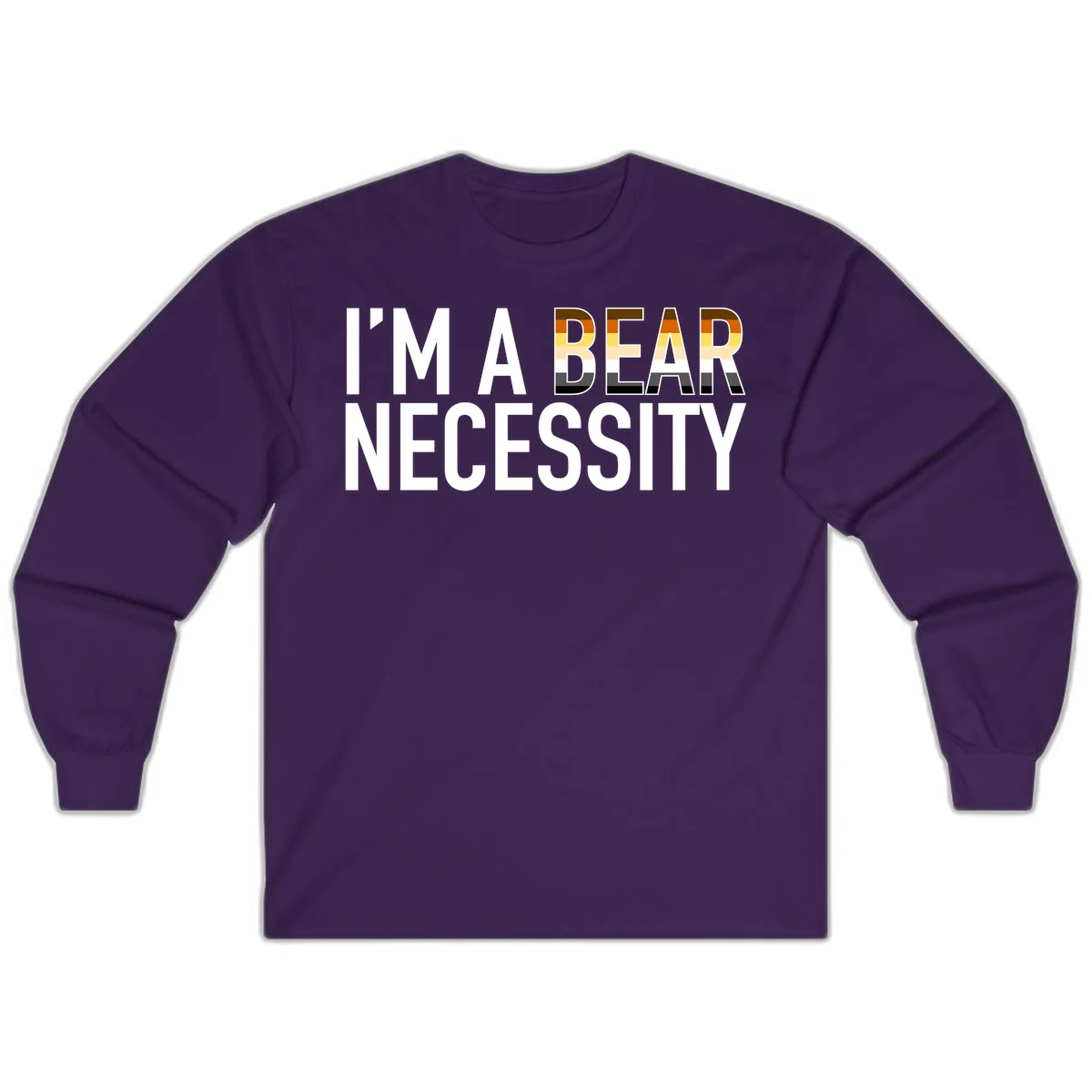 Bold 'I'm A Bear Necessity' text design with gradient bear head silhouette in earth tones and white lettering on gray background in Purple