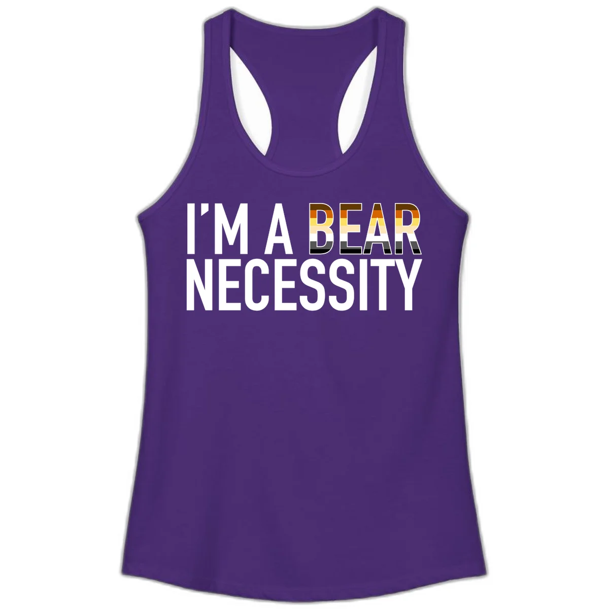 Bold 'I'm A Bear Necessity' text design with gradient bear head silhouette in earth tones and white lettering on gray background in Solid Purple Rush