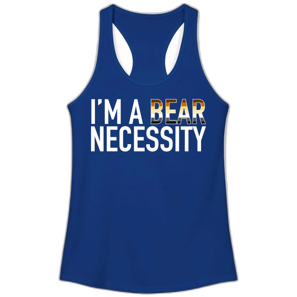 Bold 'I'm A Bear Necessity' text design with gradient bear head silhouette in earth tones and white lettering on gray background in Solid Royal