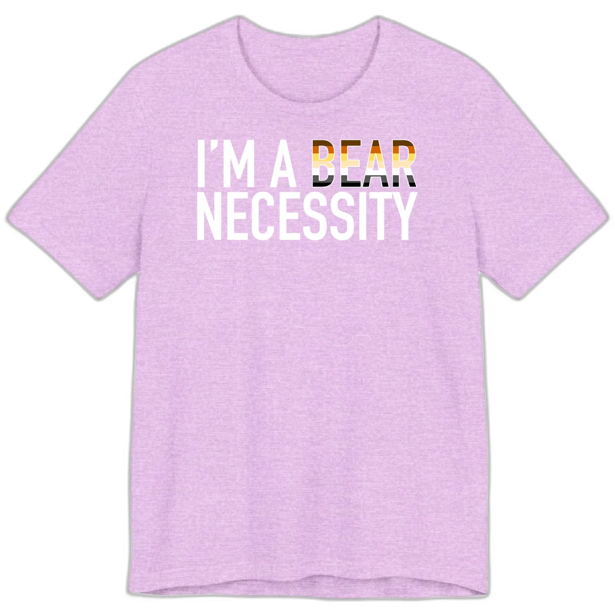 Bold 'I'm A Bear Necessity' text design with gradient bear head silhouette in earth tones and white lettering on gray background in Heather Prism Lilac