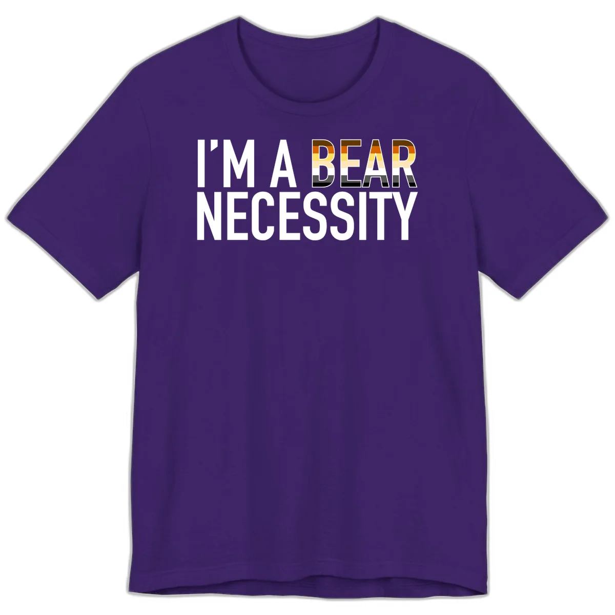 Bold 'I'm A Bear Necessity' text design with gradient bear head silhouette in earth tones and white lettering on gray background in Team Purple